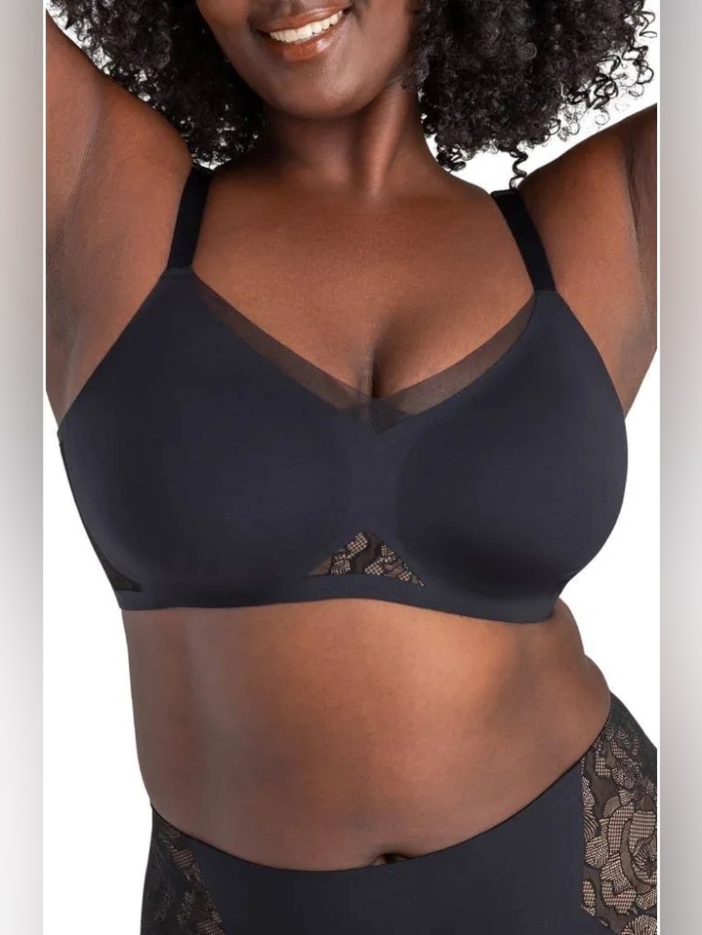 Honeylove Lace Inset CrossOver Wireless Bra Black Wireless Comfort Size 1X